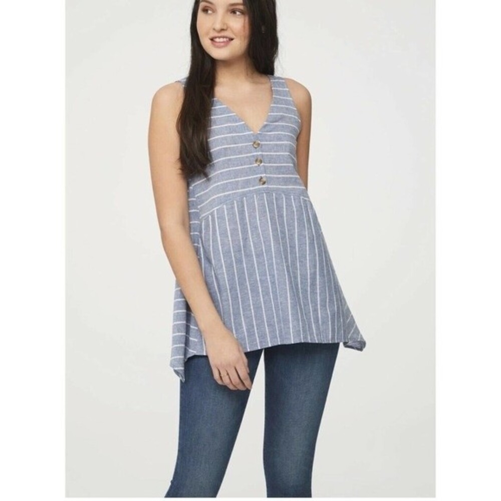 beachlunchlounge shirt tank top size medium blue white button linen cotton